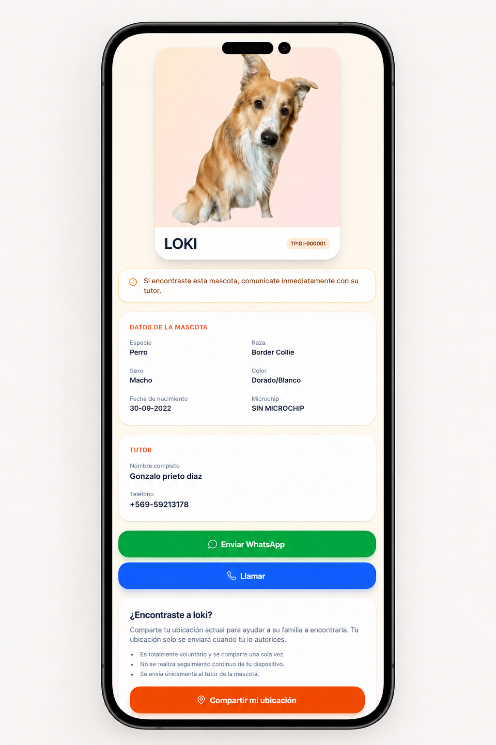 Ficha digital Todo Perro ID vista en un teléfono